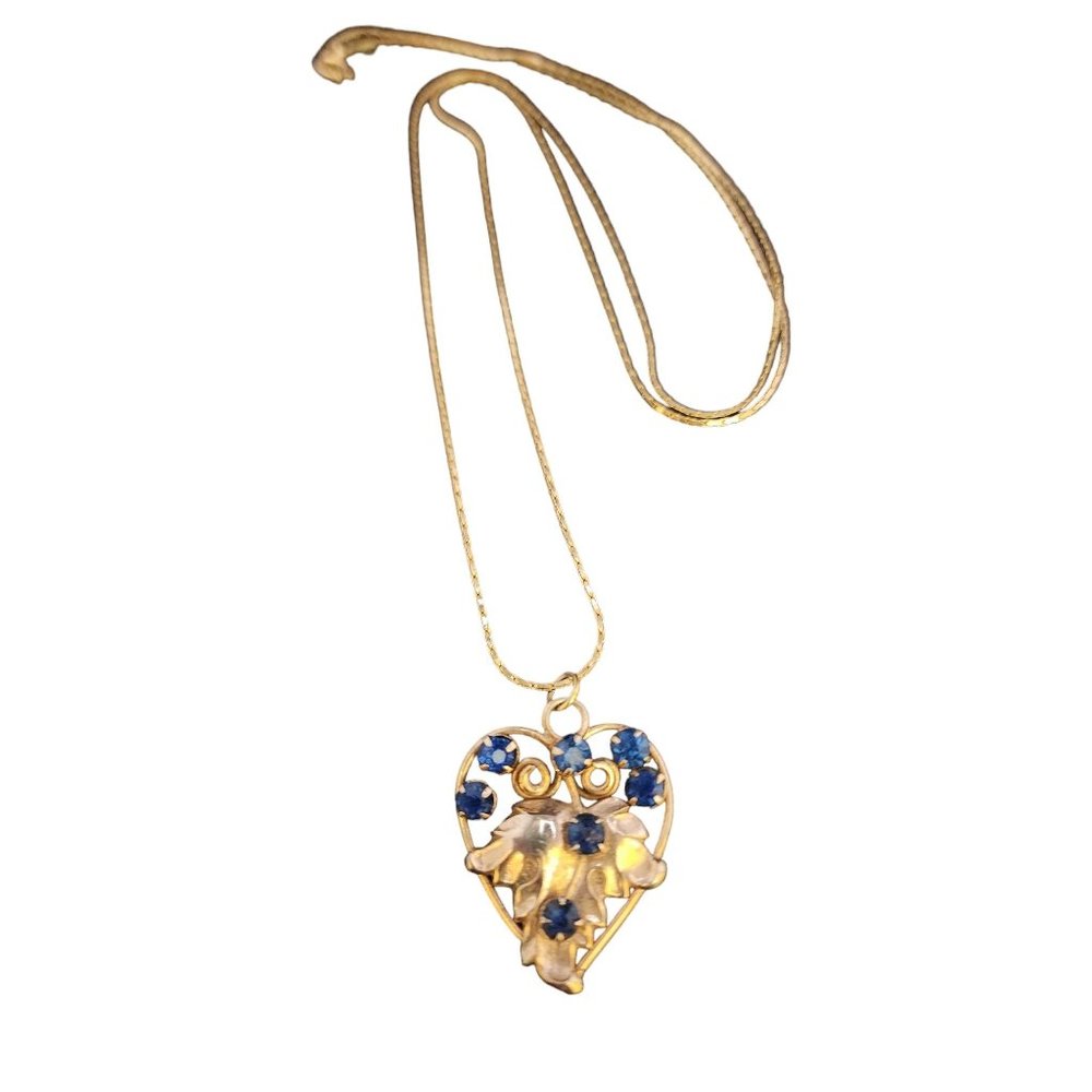 Vintage Gold Filled Heart Leaf Rhinestone Pendant Necklace (A4038)